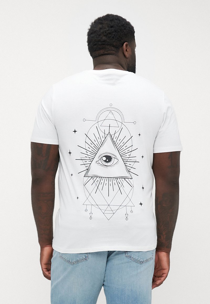 Weißes Baumwoll-T-Shirt mit schwarzem geometrischem und Augendesign auf der Rückseite, kurzen Ärmeln und einem normalen Rundhalsausschnitt.
