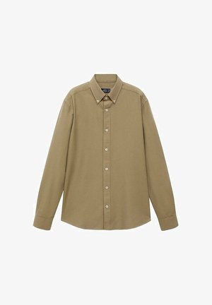 Khaki long-sleeve button-up shirt made of soft cotton, featuring a collar, front buttons, and a curved hem. No visible patterns or accents.
