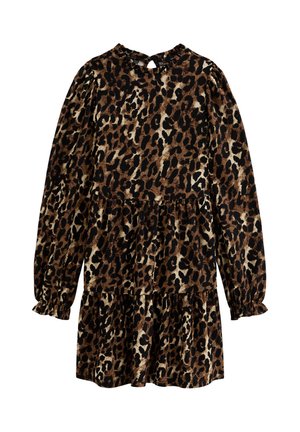 Leopardprint jurk met lange mouwen, ruches aan de onderzijde en een keyhole rug. Gemaakt van zachte stof met bruin, zwart en crèmekleurige tinten.