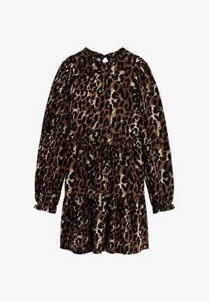 Robe à motifs léopard avec des manches longues, un ourlet froncé et un dos en forme de clé. Fabriquée en tissu doux aux nuances marron, noir et crème.