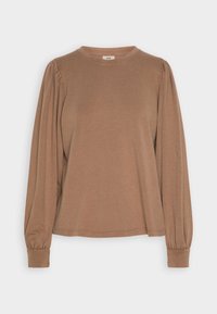 Maglietta marrone a maniche lunghe in tessuto morbido con scollatura rotonda e maniche a palloncino arricciate, caratterizzata da una vestibilità comoda e polsini elastici.