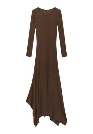 Brown long-sleeve dress with a round neckline, flowing hemline, and an asymmetrical cut. Made from soft, lightweight fabric.