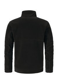 Schwarze Fleecejacke mit langen Ärmeln und Stehkragen, von hinten auf einem weißen Hintergrund gezeigt.