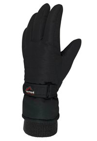 Schwarzer isolierter Handschuh mit strukturiertem Bündchen, verstellbarem Riemen und Logo. Entworfen mit einer dreiteiligen Fingerform für verbesserte Fingerfertigkeit.