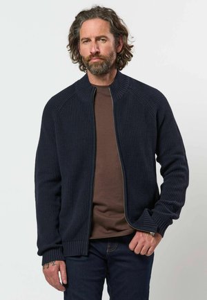 Homme aux cheveux bouclés et à la barbe, vêtu d’un pull zippé bleu marine par-dessus une chemise marron et un jean foncé, debout devant un fond uni.