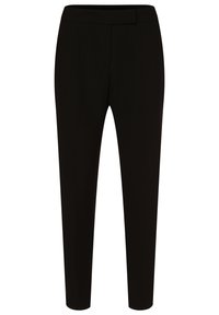 Svarta skräddarsydda byxor med en slät textur, figurnära passform, avsmalnande ben och en diskret midja. Inga synliga knäppningar eller mönster.