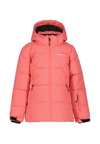 Veste matelassée rose avec capuche, dotée d'une fermeture éclair sur le devant, de deux poches latérales et de poignets élastiques. Conçue avec un motif matelassé pour l'isolation.