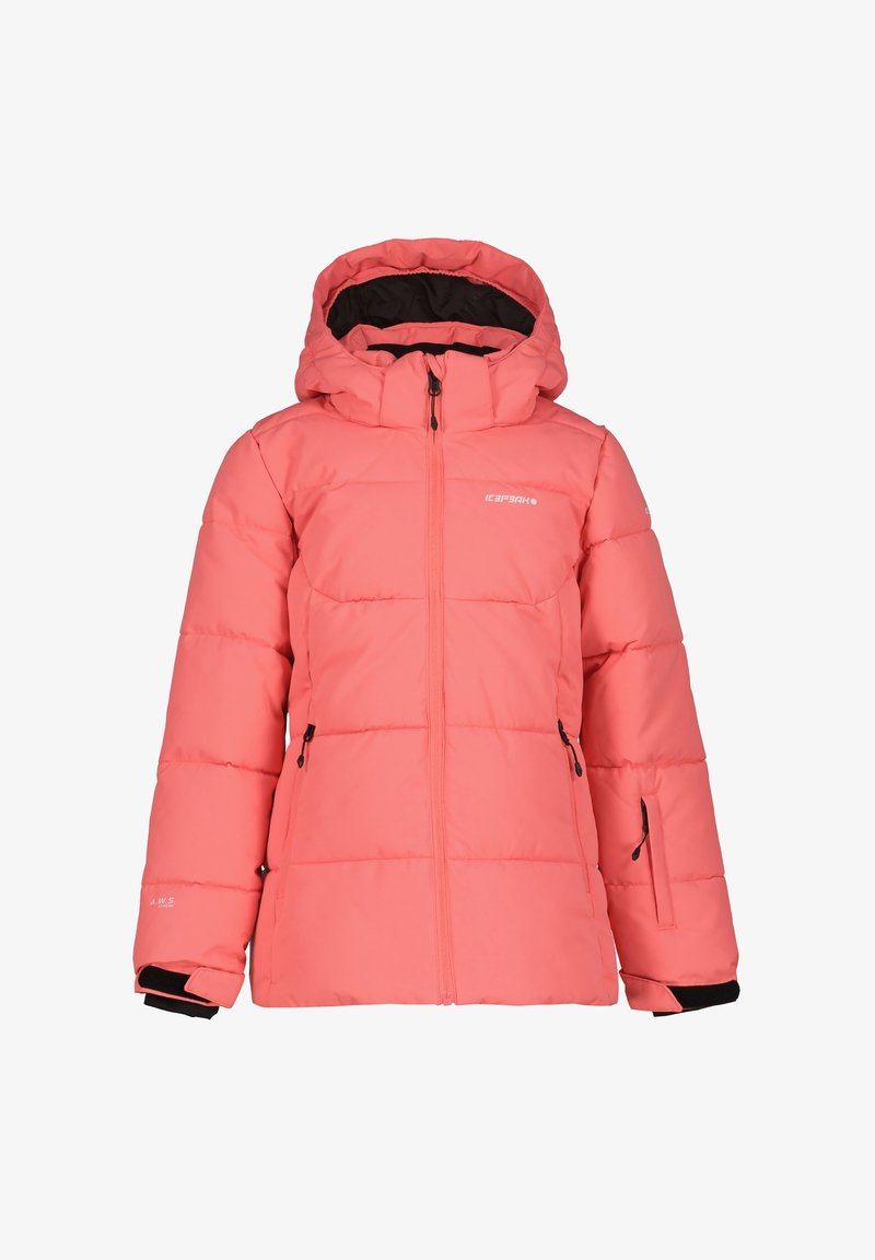 Růžová péřová bunda s kapucí, která má přední zip, dvě boční kapsy a elastické manžety. Navržena s prošívaným vzorem pro zateplení.