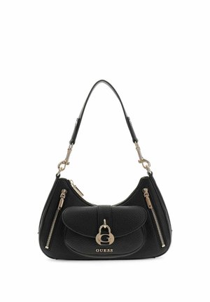 Borsa Guess nera con texture, dotata di cerniere dorate sui lati, tasca anteriore con patta e tracolla singola con dettagli dorati.