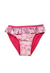 Bas de maillot rose avec un volant argenté brillant au niveau de la taille et un motif floral sur le tissu principal. Texture lisse sur l'ensemble.