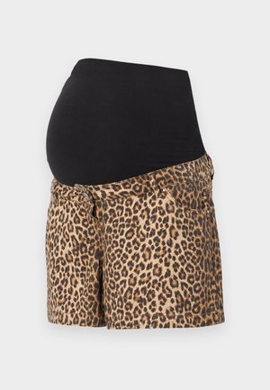 Calças de maternidade com uma faixa preta acima da barriga e design de padrão de leopardo. O tecido é leve e com uma textura suave; inclui bolsos frontais.
