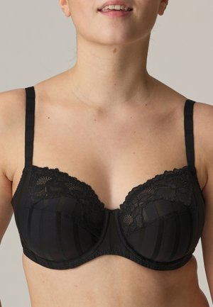 Black bra featuring a striped satin design, floral lace detailing on the cups, and adjustable straps. Smooth texture with underwire support.