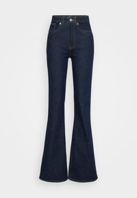 Dark blue high-waist denim jeans with flared legs, front and back pockets, silver button closure, and orange stitching details.