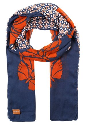 Marineblauwe sjaal met grote oranje vlinderprints en geometrische diamantpatronen, gevouwen met een klein bruin merklabel in de hoek.