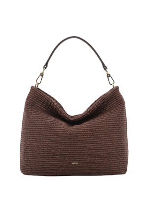 Braune, gewebte Hobo-Tasche mit lässiger Form, einem abnehmbaren, dunklen Leder-Schulterriemen und kleinem goldenem "abro"-Logo auf der Vorderseite in der Mitte.