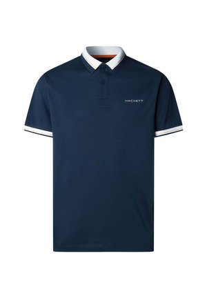 Marineblå poloshirt med hvidstribet krave og ærmekanter, med to knapper og "HACKETT"-logo på brystet.