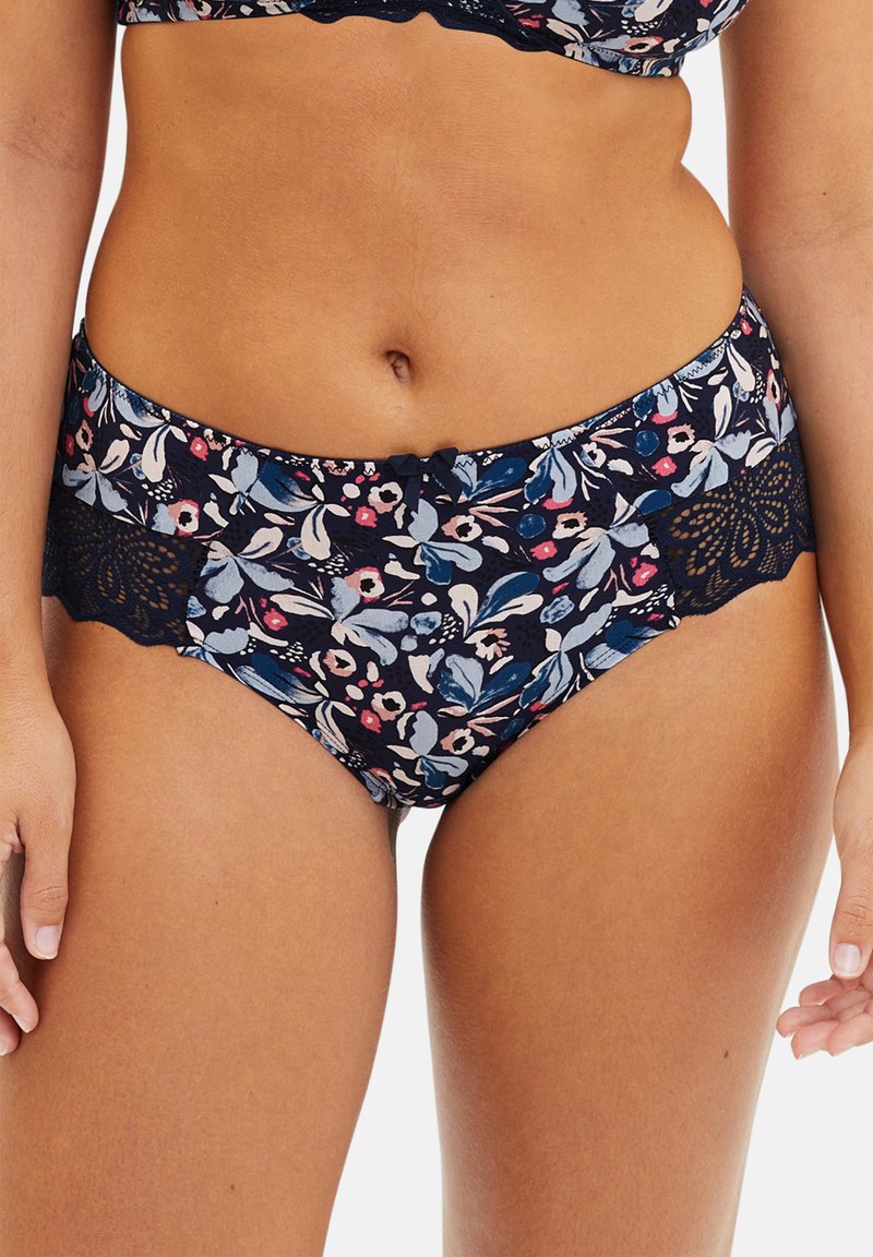 Marine bloemenprint ondergoed met een kanten rand langs de taille en benen, en een kleine strikdetail aan de voorkant. Zacht katoenmateriaal.