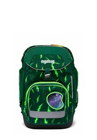 Dunkelgrüner Rucksack mit neongrünen Blitzmustern, Frontreißverschlusstasche mit einem kreisförmigen Design und einem Sci-Fi-Grafik sowie dem "ergobag"-Logo.