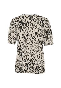 Leopard print top featuring a round neckline and short sleeves, with a beige background and black spots, made of a textured fabric.
