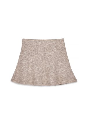 Jupe en tricot beige avec une silhouette évasée, présentant un tissu texturé avec des variations subtiles, ainsi qu'une taille pour un ajustement confortable.