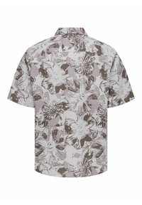 Kurzarmhemd in Weiß mit einem floralen Muster in Lavendel- und Brauntönen, mit einer strukturierten Oberfläche und einem Kragen.