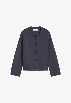 Cardigan tricoté bleu marine avec un col rond, des manches longues et six boutons noirs sur le devant. Texture douce et coupe ample.