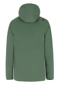 Chaqueta verde con capucha que presenta un acabado suave y mate, con cierre frontal y un diseño minimalista. Logo en el hombro.
