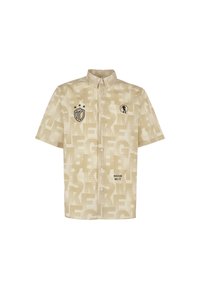 Camicia beige a maniche corte con bottoni, caratterizzata da motivi di testo grafico, due loghi ricamati e colletto a punta.