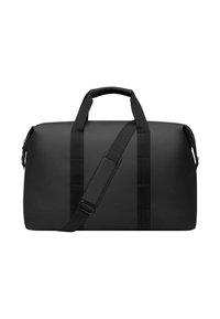 Borsa a duffle nera realizzata in materiale resistente. Caratterizzata da due manici robusti e una tracolla regolabile. Design minimalista con texture liscia.