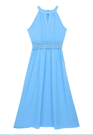 Lyseblå, ermeløs kjole med halterneck og kikhulldetalj. Har en smocket midje og flytende stoff for enkel bevegelse.