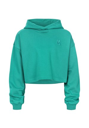 Kort turquoise hoodie gemaakt van zachte stof, met een capuchon, lange mouwen en een subtiele logo op de borst.