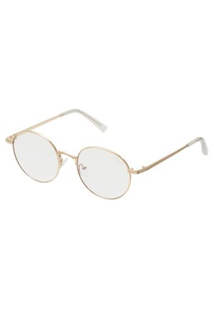 Round sunglasses with a thin, gold metal frame, clear lenses, and silver-accented temple arms. Minimalistic design with no visible patterns.