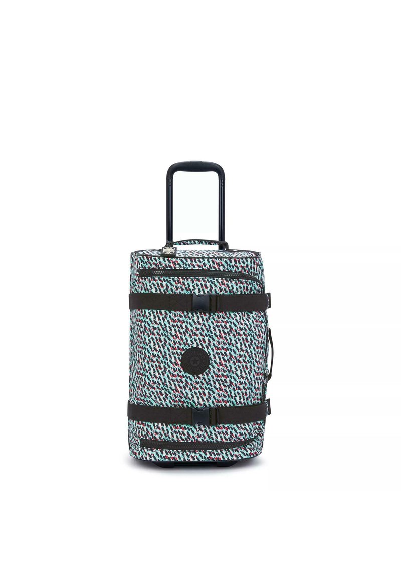 Rolling suitcase with a mint green, patterned exterior featuring red and black accents, a black handle, and buckled straps for secure closure.