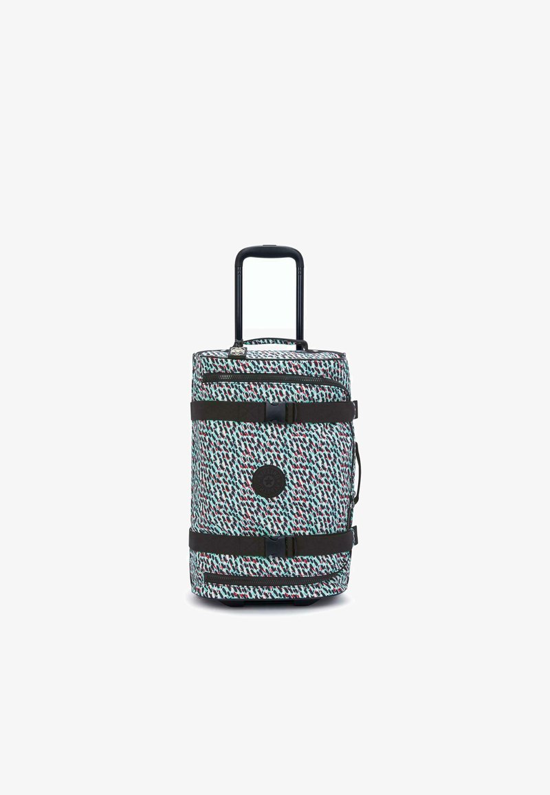 Rolling suitcase with a mint green, patterned exterior featuring red and black accents, a black handle, and buckled straps for secure closure.