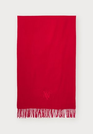 Écharpe rectangulaire rouge vif avec des extrémités à franges et un logo brodé subtil près du bord inférieur sur un fond blanc.