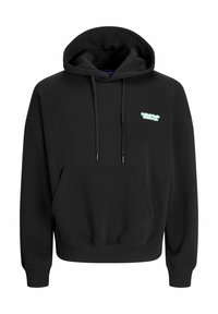 Černá oversized mikina vyrobená z měkké látky, obsahující přední kapsu a stahovací šňůrky. Na levé straně hrudníku má světle modré logo.