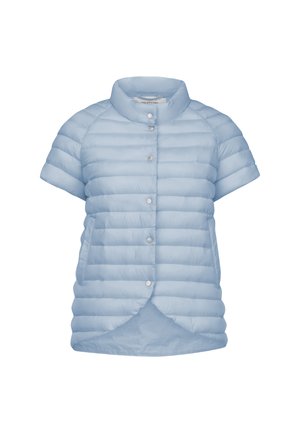 Hellblaues Kurzarm-Pufferjacke mit rundem Kragen, horizontal gestepptem Muster, Druckknöpfen und Seitentaschen.