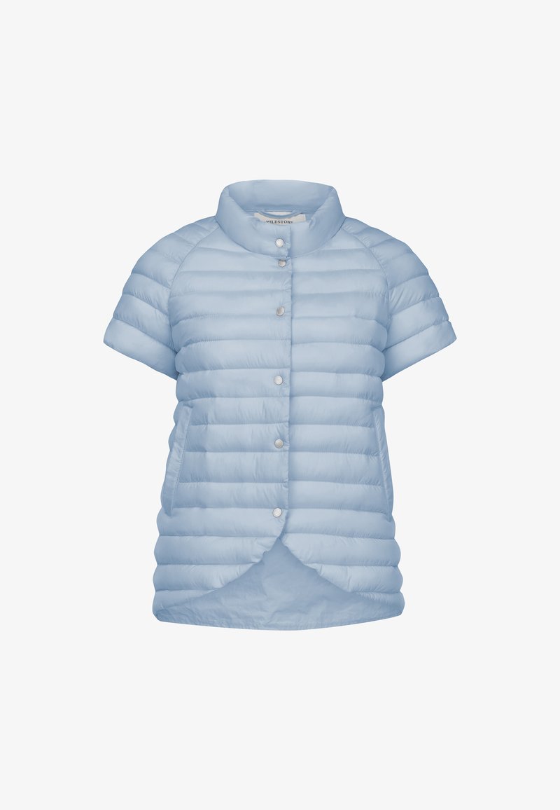 Hellblaues Kurzarm-Pufferjacke mit rundem Kragen, horizontal gestepptem Muster, Druckknöpfen und Seitentaschen.