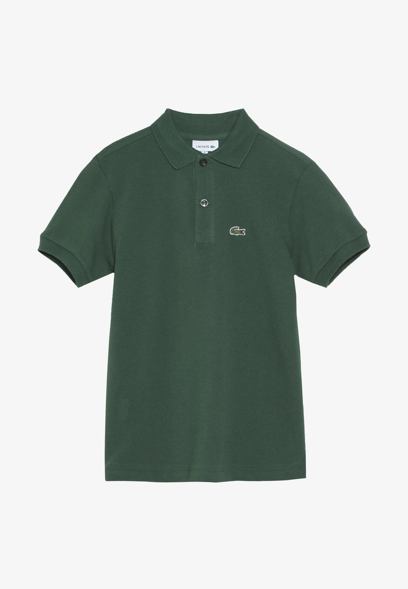 Donkergroen poloshirt van katoenpique, met een kraag, korte mouwen, een knoopsluiting met twee knopen en een klein geborduurd krokodillenlogo.