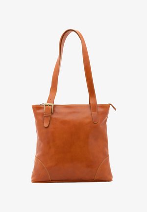 Borsa a tracolla in pelle marrone con tracolla regolabile, chiusura con cerniera e cuciture rinforzate agli angoli.