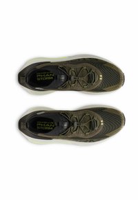 Trail running shoes in olive green and black, featuring a textured upper, dynamic lacing system, and contrasting neon accents. Lightweight design.