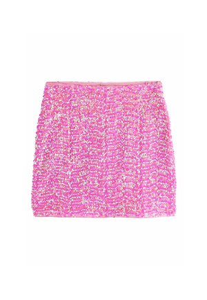 Rosa Minirock, bedeckt mit glänzenden, schillernden Pailletten, mit geradem Saum und Bund.