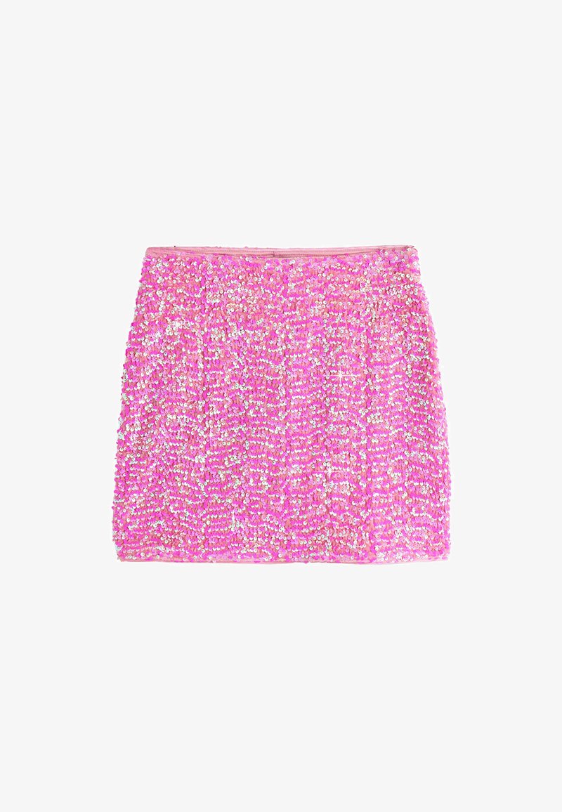 Mini-jupe rose recouverte de paillettes iridescentes brillantes avec un ourlet droit et une ceinture.