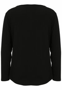 Schwarzes Langarmshirt mit rundem Halsausschnitt und abgerundetem Saum. Hergestellt aus glattem Stoff, mit einem schlichten und unauffälligen Design.