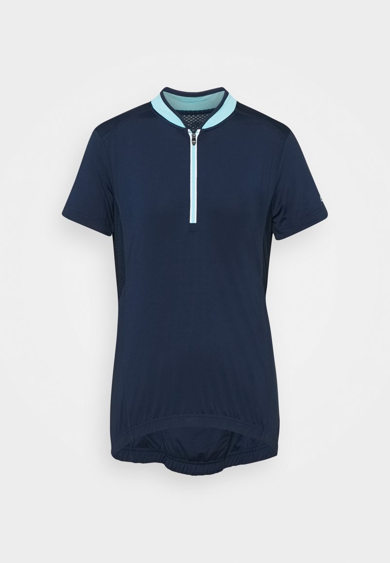 Maillot de cyclisme bleu marine à manches courtes, avec fermeture éclair mi-longue et col bleu clair. Il est doté de panneaux latéraux en mesh respirant pour une meilleure ventilation.