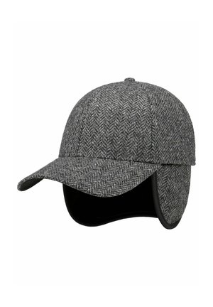 Gray herringbone-patterned winter cap with a curved brim and attached ear flaps lined with black fabric.