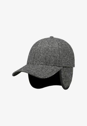 Gray herringbone-patterned winter cap with a curved brim and attached ear flaps lined with black fabric.