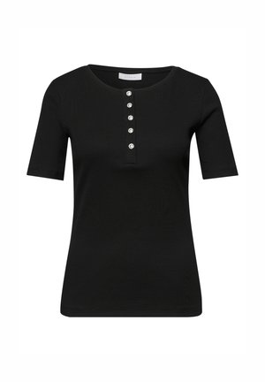 Sort kortærmet ribstrikket bluse med rund halsudskæring og fem små blanke knapper ned foran i midten.