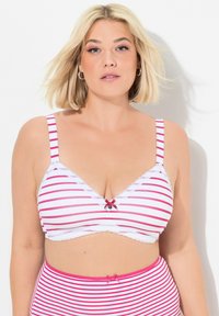 Gestreepte beha in wit en roze met kantaccenten, een klein strikje in het midden en verstelbare bandjes; zachte stof met een gladde textuur.