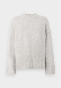 Light gray knitted sweater with a ribbed neckline and cuffs. Features long, wide sleeves and a relaxed fit at the hem. Soft texture.